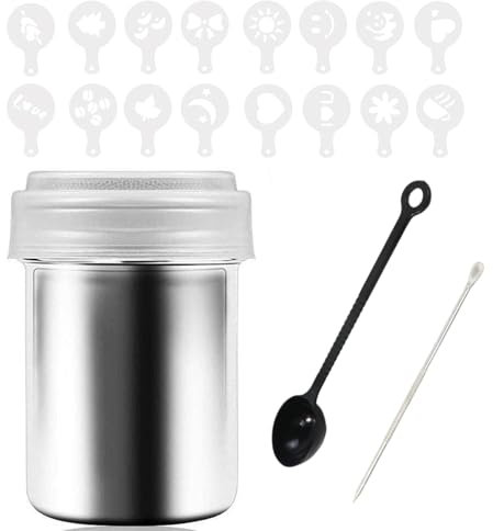 Ksvaye Kakaostreuer für Cappuccino, Edelstahl 304 Kakao Streuer mit 16Pcs Kaffeeschablone + Coffee Art Pull Pin + Rührlöffel für Heiße Schokolade Brotdekoration