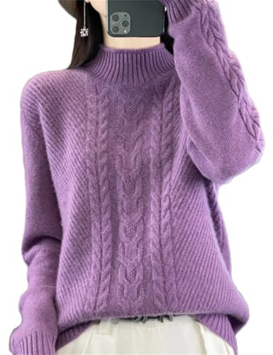 Pulcykp Maglione da donna autunno inverno lana spessa collo a lupetto casual maglione di lana sottile alla moda, Viola oceano, S