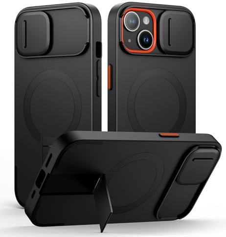 SURITCH Magnetic Case Compatible with iPhone 13/14, Shockproof Bumper Case Slim Protective Cover with Slide Camera Cover and Adjustable Kickstand(Black)