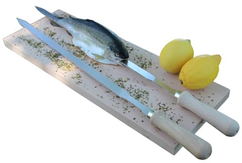 SCHILLING Fischgrilltechnik Grillspieß, Edelstahl, 62 cm lang, Holzgriff, 3 mm Stärke, für Fisch, Geflügel, Schwein, Rind, Wild, Lamm, Gemüse