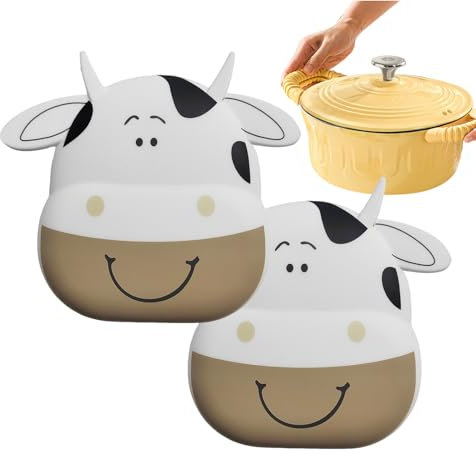 Ofenhandschuh Wärmefest, 13x12cm 2er Set Küchenhandschuhe aus Silikon, Niedliche Kuh Design Backofenhandschuhe mit Anti Rutsch Griff, Perfekt für die Küche, zum Grillen, Kochen und Backen