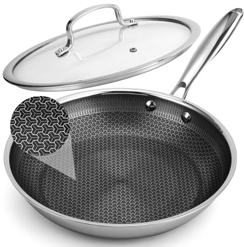 Tibbicc 10 Inch Hybrid Non Stick Frying Pan Set Skillet Stainless Steel Skillet Chef's Pan with Matching Lid, PFOA-Free Non-Toxic Cookware, Dishwasher & Oven Safe, Induction Compatible All Cooktop