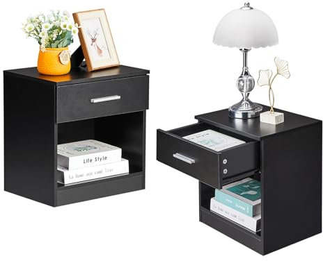 Bonnlo Nachttisch, Kleiner Beistelltisch, Nachtschrank mit Schubladen, Nachtkommode Boxspringbetten, Kommode 30cm breit Schlafzimmer, 39 x 29x 41 cm (2, Schwarz)