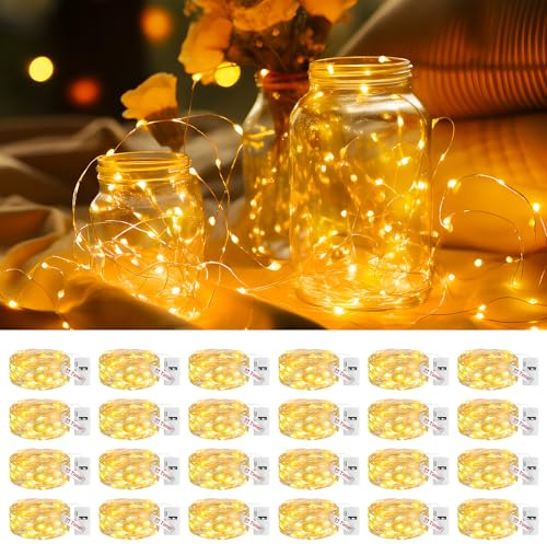 litogo 24 Stück Lichterkette mit Timer, 3 Modi/20 Mini Lichterkette mit Timer, 2M Silberdraht Lichterketten mit Batterien Wasserdicht für Innen Weihnachten Party Hochzeit Deko