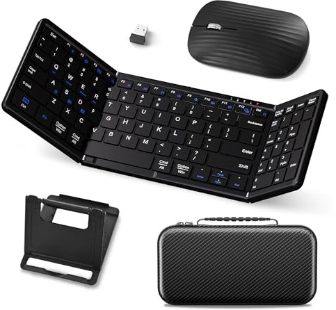 JPHTEK USB-C Rechargeable Folding Wireless Bluetooth Keyboard Combo | Full-Size Portable Travel Keyboard & Mouse for Business Travel, Compatible with Laptop iPad Tablet