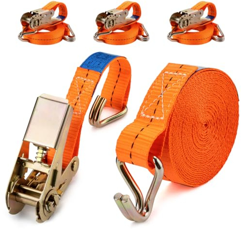 4 Piezas Cinchas de Amarre Carraca, 4m 1000kg 25mm, Cinta de Amarre con Trinquete con trinquete y Gancho Tipo J, Motocicletas, Camiones, Remolques(Naranja)