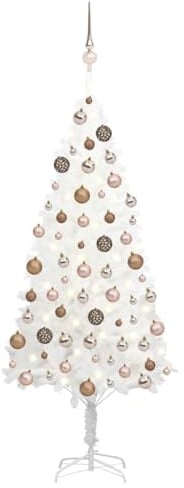 Albero di Natale artificiale bianco 120 cm, con 150 luci LED, 360 rami in PE, palline per albero di Natale, oro rosa, supporto, albero di Natale per interni, decorazione festiva
