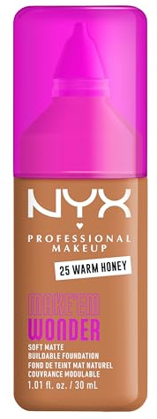 NYX Professional Makeup Make 'Em Wonder Foundation, 24H Soft Matte Aufbaubare Foundation, Mit hoher Deckkraft, Mattes Finish, 25 Warm Honey