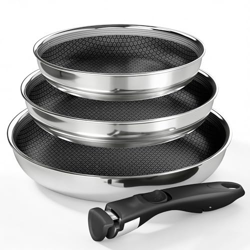 Kitchen Academy Stainless Steel Frying Pan Set Detachable Handle 4Pcs | Snowflake Nonstick, Induction Hob Fry Pan with Removable Handle, Oven & Dishwasher Safe (20+24+30CM)