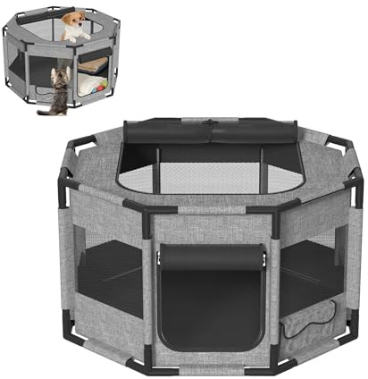 XMTECH Cachorro para perros y gatos, tela Oxford 600D, ventana de malla transpirable, estable, para interior y exterior, jaula portátil para perros o gatos, M – 81 × 81 × 45 cm, octogonal, gris