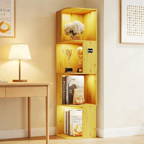 Gurexl 4 Stufiges Bücherregal mit LED Beleuchtung für Aufbewahrung,Holzfarben