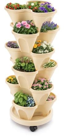 GreenWhim 6 Tiered Stackable Vertical Garden Planter with Wheels Strawberry Plant Pot Tower for Herbs Flowers Vegetables Strawberry Space Saving Outdoor Indoor