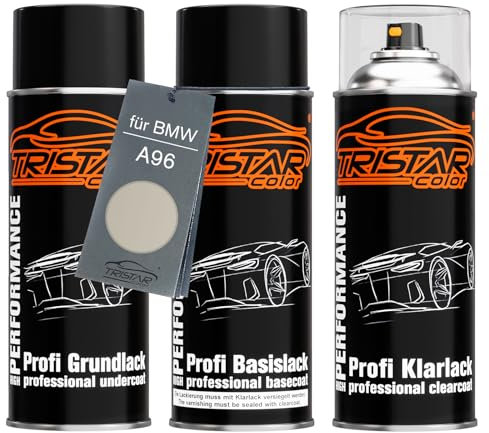 TRISTARcolor Autolack Spraydosen Set für BMW A96 Mineralweiss Perl Grundlack Basislack Klarlack Sprühdose 400ml