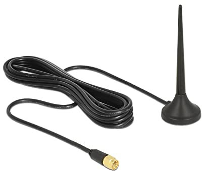 Delock 12416, LTE/GSM/UMTS Antenne SMA Stecker 3 dBi starr omnidirektional mit magnetischem Standfuß und Anschlusskabel RG-174 2 m Outdoor schwarz (Antennengewinn: 3 dBi)
