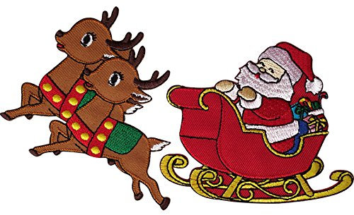 Flicken mit Weihnachtsmann und Schlitten mit Rentier, bestickt, zum Aufbügeln/Aufnähen