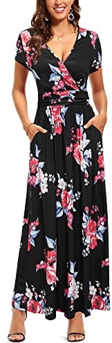 OUGES Sommerkleid Damen Kurzarm/Langarm V-Ausschnitt Kleid Casual Kleider Maxikleid mit Taschen