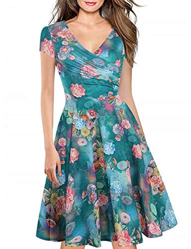 Women's Criss-Cross Necklines V-Neck Cap Sleeve Floral Casual Work Stretch Swing Summer Dress Party Dress Blue Floral(M)