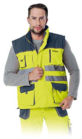 Leber&Hollman Herren Arbeitsweste LH-FMNW-V, gefüttert, 100% Polyester 35 270 g/m2, Futter 100% Polyester, Hochkragen, vorne Reißverschluss und Klettverschluss, Reflexionsstreifen LH-FMNX-V_YGSXL Gelb-Dunkelblau-Grau XL