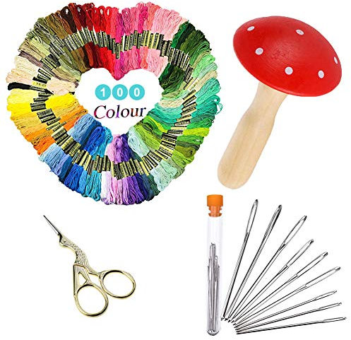 Stopfpilz-Set aus Holz für Mutter, Stopfzubehör-Set (inkl. Nähnadeln, Nähgarn in 100 Farben und Schere) - Eine Halskette als kostenloses Geschenk