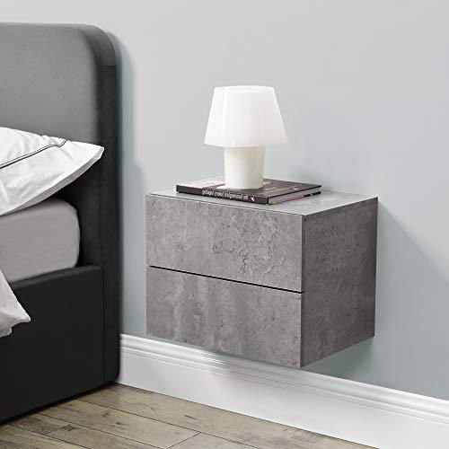 [en.casa] Nachtschrank Ampfing Nachttisch hängend Betonoptik Nachtkästchen mit 2 Schubladen Wandkonsole Hängeschrank Schweberegal 40 x 29 x 30 cm