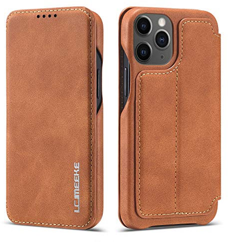 QLTYPRI Compatible with iPhone 12 and iPhone 12 Pro Case, Vintage Slim Magnetic Closure PU Leather Folio Phone Cover with Kickstand Card Slot Flip Wallet Case - Brown