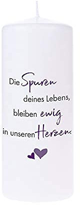DOLORINO Trauerkerze mit Spruch 'Die Spuren deines Lebens bleiben ewig in unseren Herzenn' 15cm