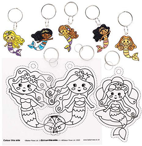 Baker Ross FE161 Meerjungfrau Schrumpffolie Schlüsselanhänger - 8er Pack, Bastelset für Kinder zum Ausmalen und Anhängen, Mittel