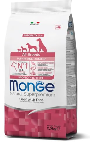 Monge Natural Superpremium Puppy and JUNIOR Beef and Rice, Hundefutter für alle Rassen (Welpenfutter, Trockenfutter für Hunde mit Rindfleisch & Reis, sehr Ballaststoff- & Vitaminreich, 2,5 kg)
