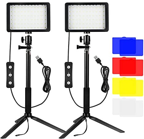 LED Video Light 5600K 2 pack Bonvvie USB Dimmable Camera Light with Adjustable Tripod&Color Filters for Low Angle Shooting Video Conference Lighting, Game Streaming, Zoom, YouTube Video Photography