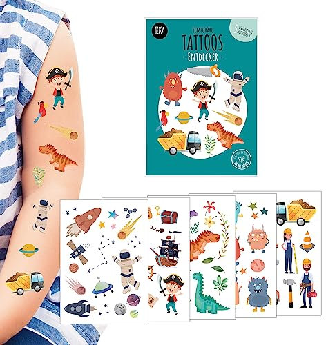 Hautfreundliche Kindertattoos zum Aufkleben - Motiv Entdecker, Kinder-Tattoo Set mit 5 Bögen, Dinosaurier Tattoos Kinder, Kindertattoos Jungen, 100% Vegan und Hergestellt in Österreich, JEKA