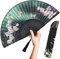 OMyTea Folding Hand Fan for Women - Foldable Chinese Japanese Vintage Bamboo Silk Fan - for Hot Flash, Church, EDM, Music Festival, Party, Dance, Performance, Decoration, Gift (Green Orchid)