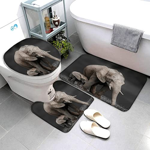 AOLIGL Badematte Elefant Tier Schwarz Und Weiß Badematten Set rutschfest Waschbar Badgarnitur 3teilig - WC Deckelbezug U-förmigen Contour Badezimmerteppich Matte Flauschige Mikrofaser