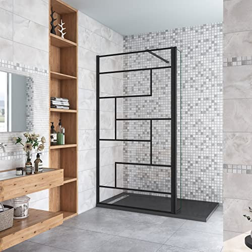 AICA Paroi de douche noire 100+40x200cm style modèle en verre trempé avec un retour pivotant 40cm et une barre de fixation en 90cm