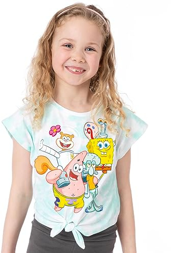 SPONGEBOB SQUAREPANTS Tie Dye T-Shirt Girls | Kids Gary Patrick Sandy Cheeks Squidward Characters Front Blue Wash Top | Series Movie Clothes Merchandise
