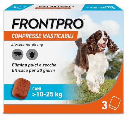 FRONTPRO 3 Compresse Masticabili Antiparassitario per Cani di Peso > 10-25 kg Protegge da Pulci e Zecche, Antipulci in Confezione da 3 Compresse da 68 mg di Afoxolaner, 10kg-25kg