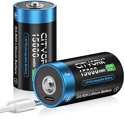 CITYORK Lot de 2 piles D rechargeables au lithium 1,5 V 15 000 MWh, chargement USB de type C, pas de piles Ni-Mh/Ni-Cd/alcalines, pour lampe de poche, jouets et projecteur