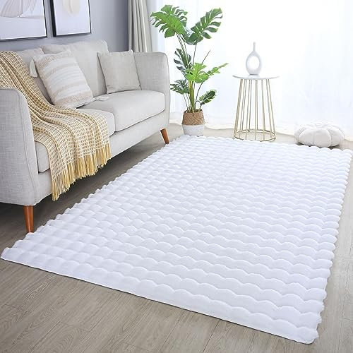 Carpetsale24 Teppich 140x200 cm Weiss, Flauschiger Teppich in Felloptik mit Hoch-Tief Struktur & Bubble-Design, Super Weich, Plüschig, Ideal für Wohnzimmer & Schlafzimmer