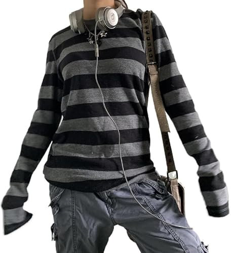 Women Y2k Striped Crop Top Long Sleeve Aesthetic Slim Fit Fairy Grunge T Shirts Vintage Color Block Teen Girl Loose Tees Cothic Glothes (Grey Black, S)