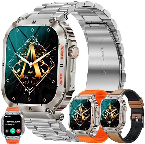 Smartwatch für Herren, 1.96 Zoll Touch-Farbdisplay mit Bluetooth Anrufe,Fitnessuhr mit SpO2 Blutdruckmessung Herzfrequenz Schrittzähler Schlafmonitor, Militärische Fitnessuhr für iOS Android (Silber)