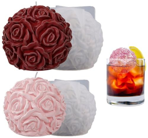 Lsydgn 2 Stück Silikonform Rose 3d,Rosenkugel Silikonform,Eiswürfelform Rose,Blumen Gießform Kerzen Selber Machen für Duftkerze Valentinstag Dekorative Ornamente