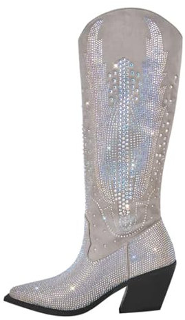Lmtossey Stivali da donna alti al ginocchio da cowboy occidentali stivali da cowboy glitter lucido tacco a blocco stivali fatti, Cd230369c, 47 EU