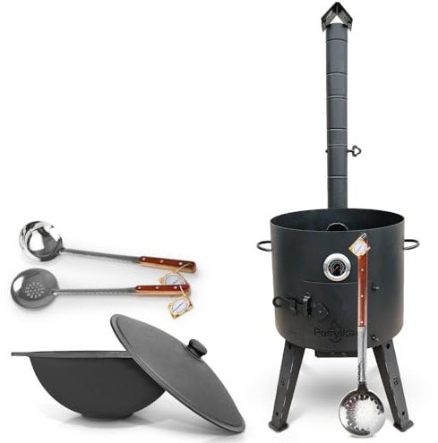 Utschak Feuerofen Ø 44 cm 2 mm Stahl mit Thermometer Usbekische Kazan 16 L flacher Boden Schaumlöffel 48 cm Schaumlöffel 64 cm Schöpfkelle 48 cm Kazan Учаг Uchag казан Gusseisen Oven учак (Set 4)