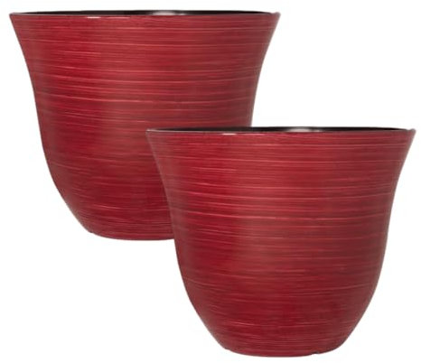 Fyne-Finds Set of 2 Round Plastic Burgundy Swirl Plant Pots 23cm,9inch Gloss Planters 4L Home Garden Decor