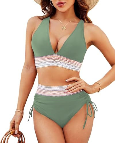 HAWILAND Bikini para mujer, push up, traje de baño de cintura alta, traje de baño con cordón, elegante, traje de baño de dos piezas, Verde militar., M