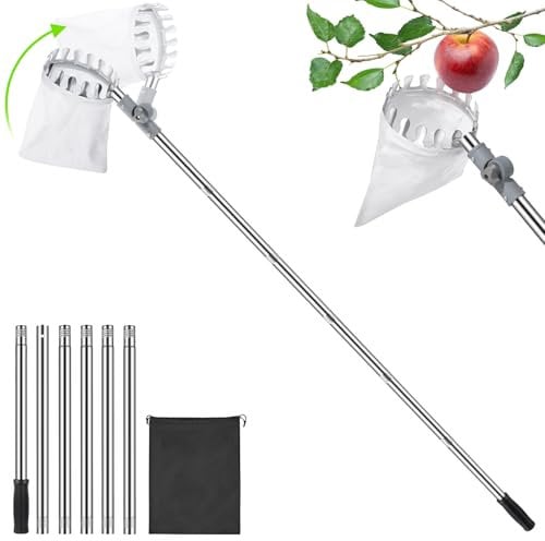 Obstpflücker 2.6m, Obstpflücker mit Teleskopstiel, Apfelpflücker, Kirschpflücker inkl. 6 Verlängerungsstangen und Baumwollbeutel, Obst Sammler für Apfel, Kirsche, Orange, Lemon
