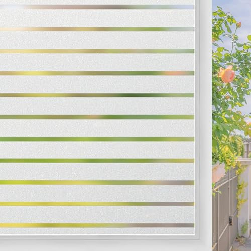 Lifetree Window Film Privacy for Glass Windows Static Cling Stripe Patterns Frosted Window Film No Glue Heat Reflective Sticker For Home Office (Opaque, 90 * 300 cm)