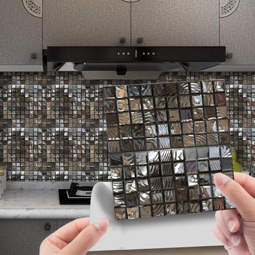 Fliesenaufkleber 15x15cm Silber Schwarzes Mosaik Klebefliesen Wasserfest Fliesenaufkleber Bad Fliesenaufkleber Küche Möbel Deko Küchenrückwand Selbstklebend Mosaikfliesen（20 Stück)