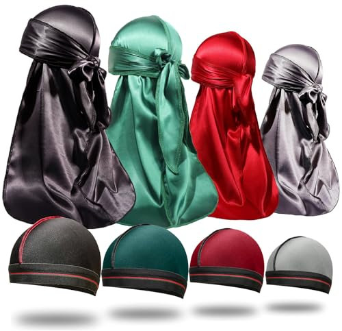 ForceWave 8PCS Silky Durag Men Wave Cap Long Tail Do rag for 360 Wave Dew Rag Packs, Black+green+gray+red, S-M