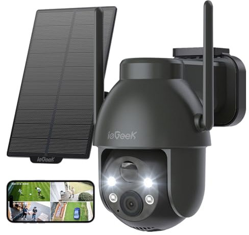 ieGeek 2K Telecamera Wi-Fi Esterno Senza Fili con Pannello Solare, 360° PTZ Videocamera Sorveglianza a Batteria, Rilevazione di Movimento PIR con Allarme,Visione Notturna a Colori, 2 Vie Audio, IP65