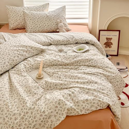Boho Floral Duvet Cover Full Aesthetic Cotton Comforter Cover Vintage Botanical French Style Garden Pink Cottagecore Bedding Set With 2 Pillowcases